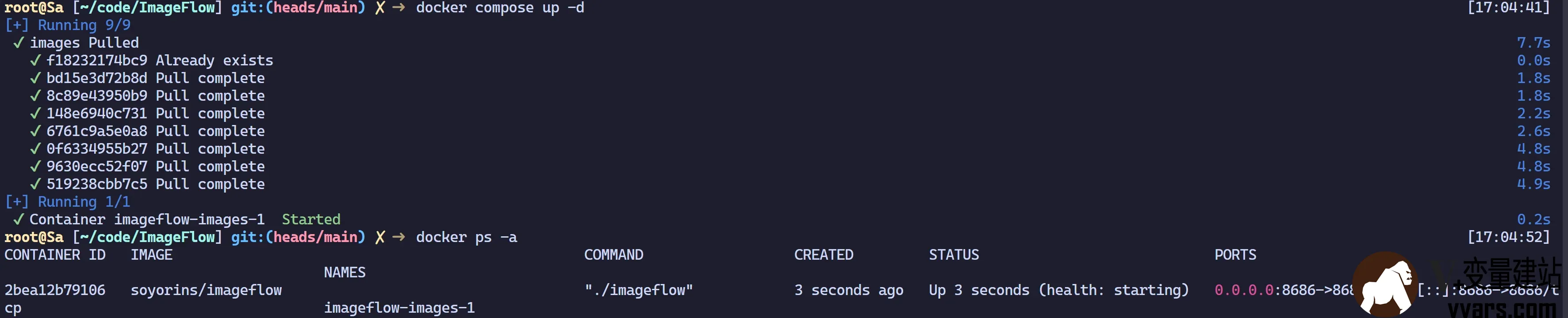 Docker终端显示docker compose和ps命令输出
